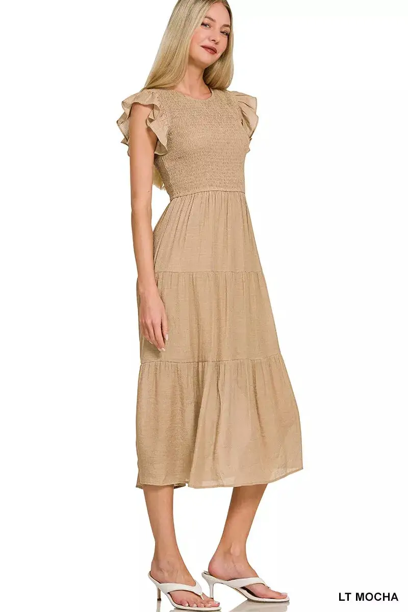 Woven Ruffle Smocked Midi Dress