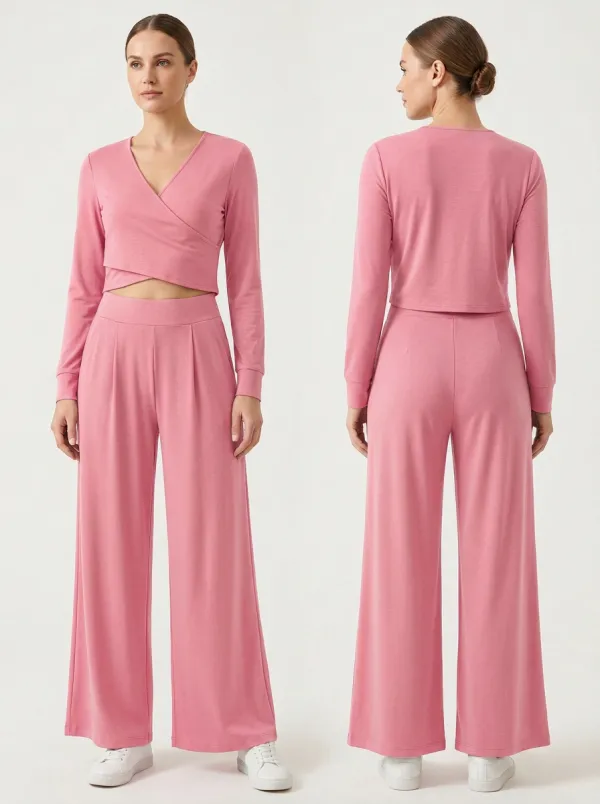 Women's Wrap V-Neck Crop Top and Pleated Wide-Leg Trouser Set