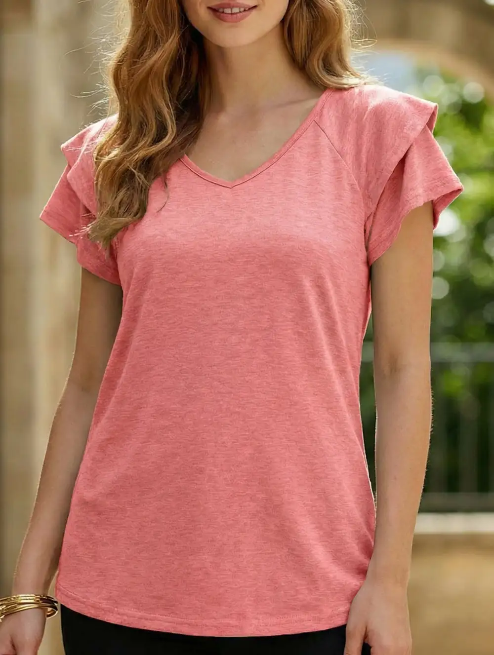 V Neck Double Layer Ruffle Sleeve Tank Top