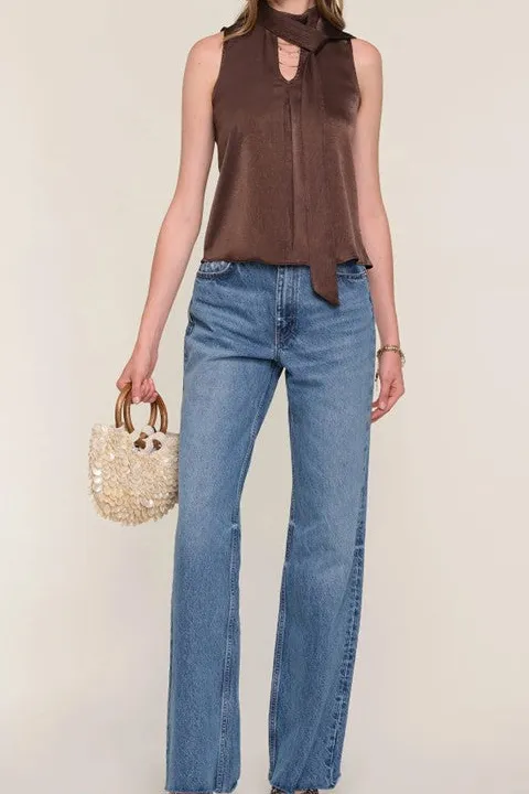 Women's Brown Scarf Neck Sleeveless Blouse