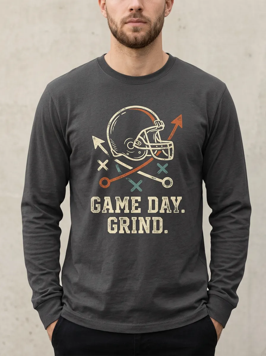 Men's Football Lover Game Day Grind Helmet Graphic Long Sleeve T-shirt