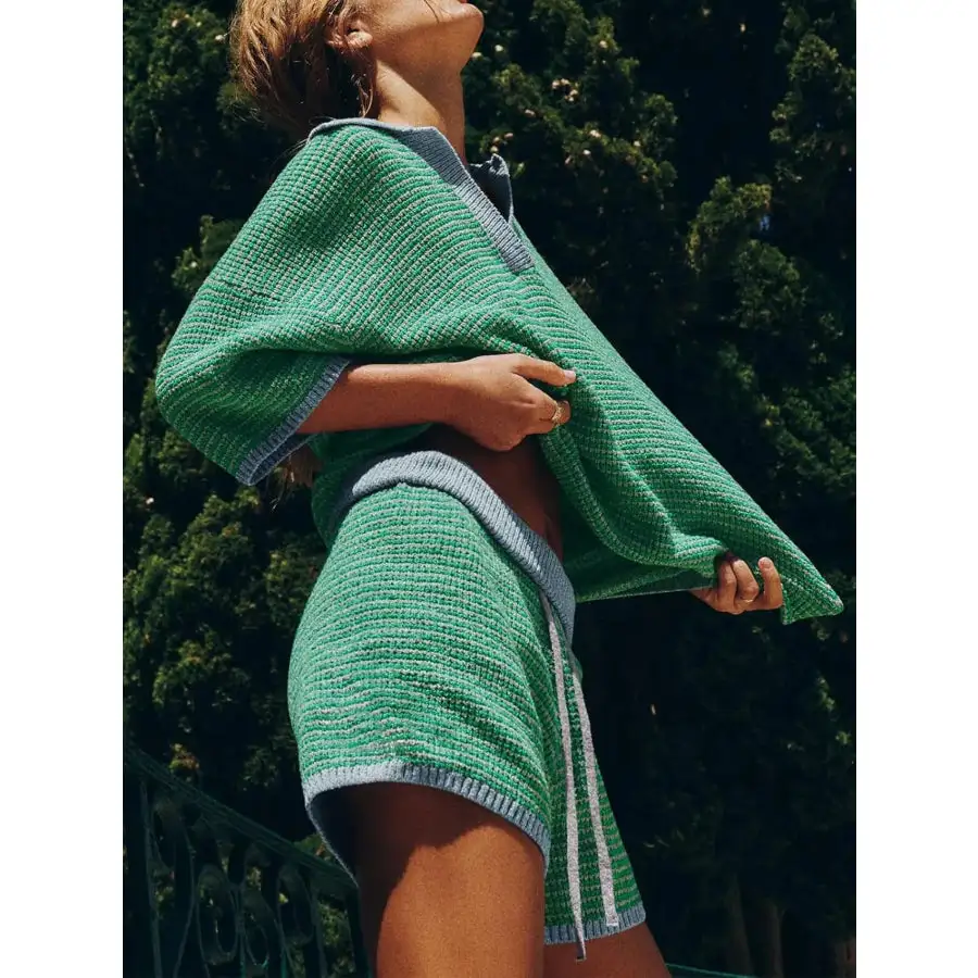 Collared Neck Contrast Striped Top and Shorts Sweater Set