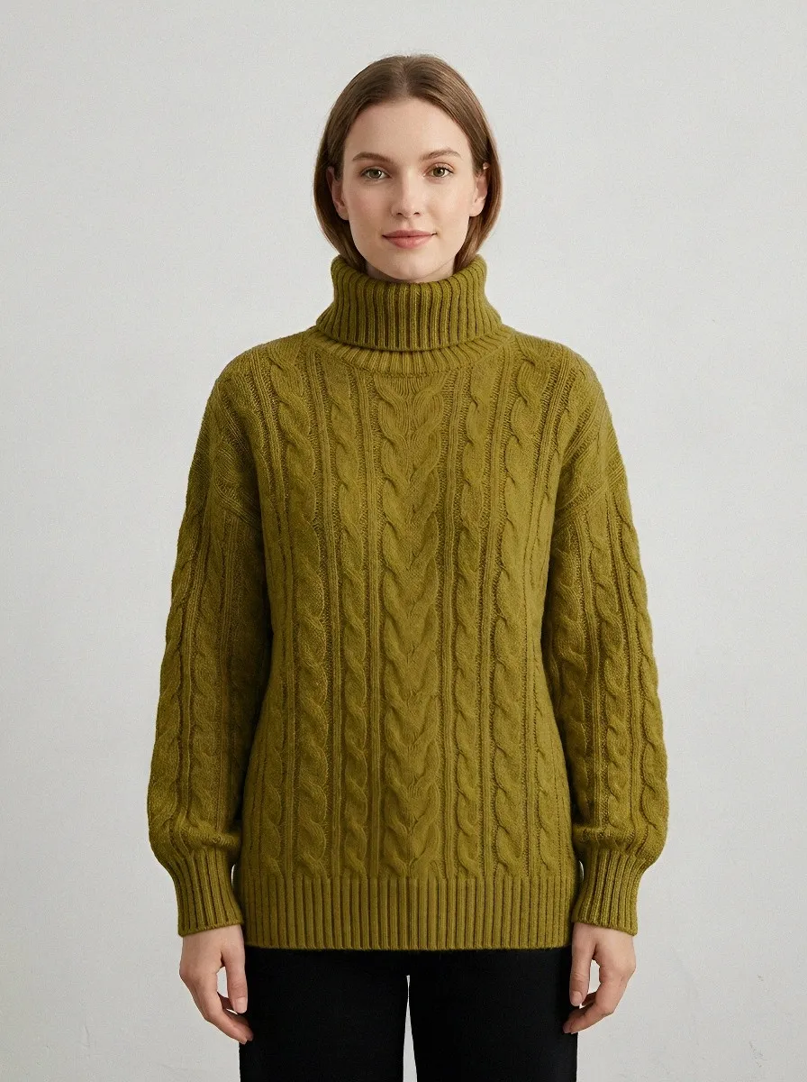 Women's Casual Winter Beige Cable Knit Turtleneck Sweater