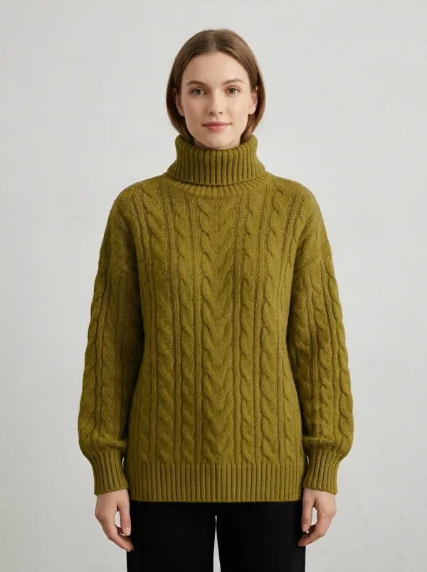 Women's Casual Winter Beige Cable Knit Turtleneck Sweater