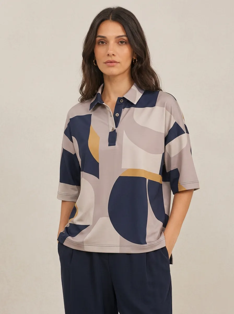 Women's Abstract Geometric Pattern Printed Polo Shirt