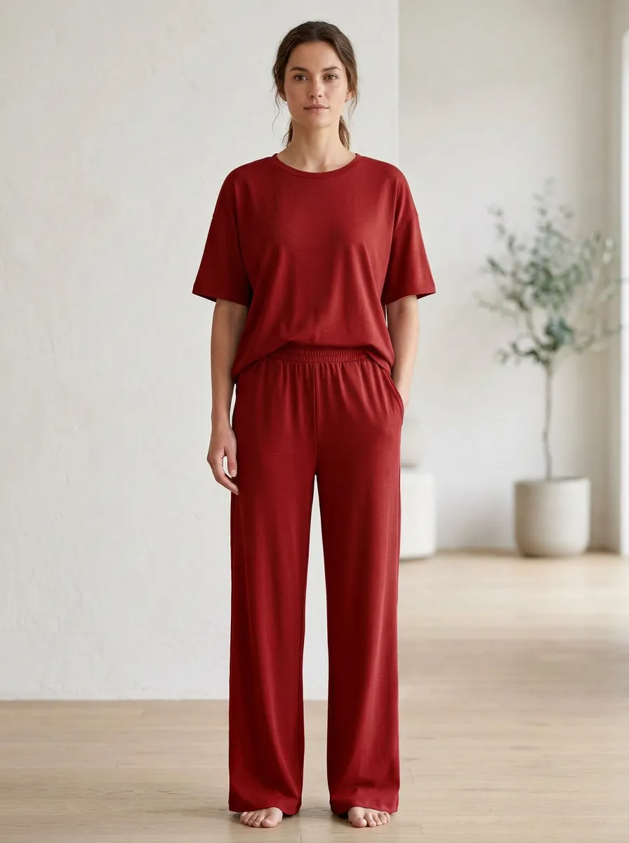 Women's Drop-Shoulder Crewneck Top And Pull-On Wide-Leg Trouser Lounge Set