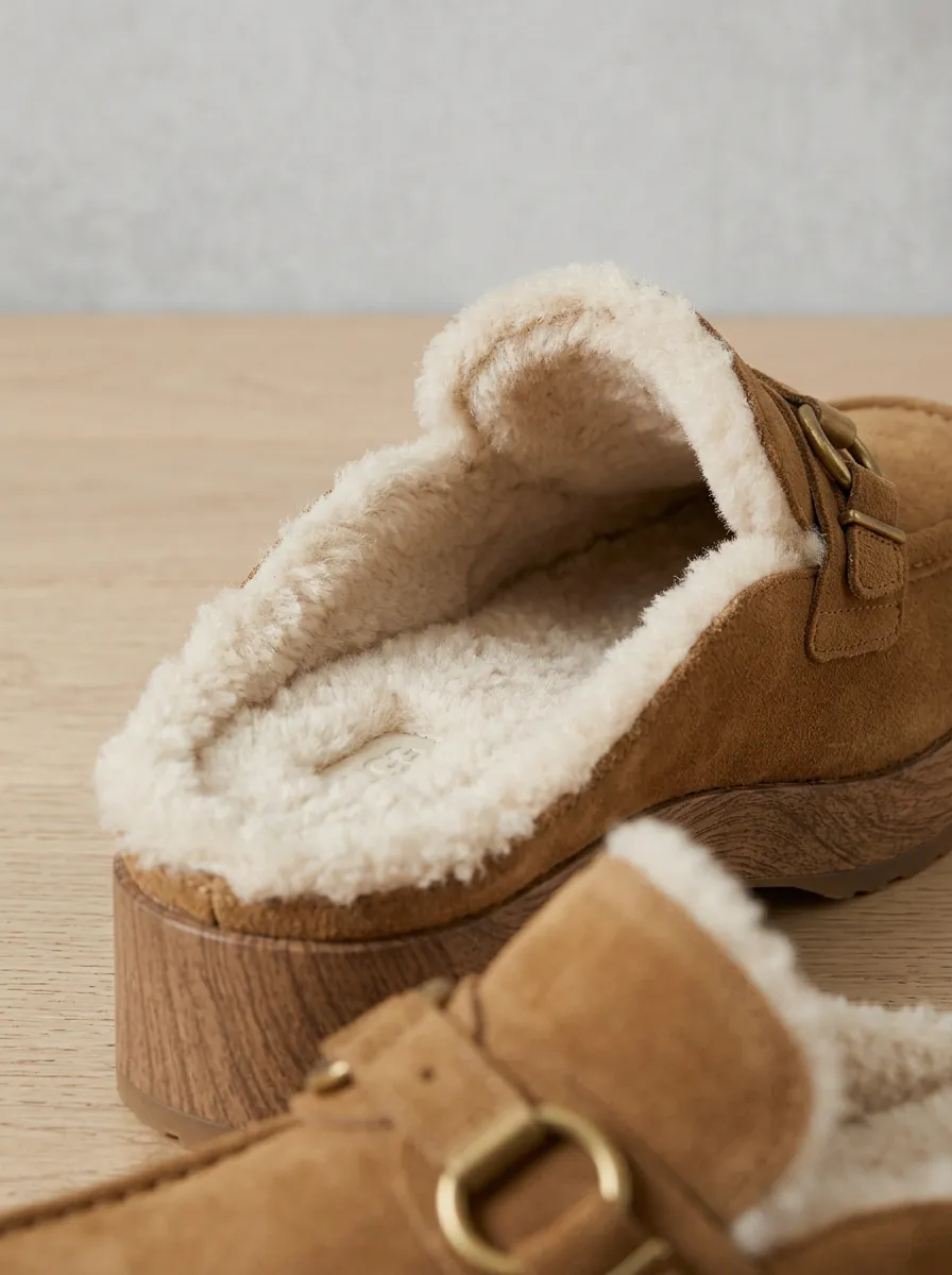 Women's Rugged Faux Fur Lined Buckle Detail Platform Suede Wood Sole Loafers