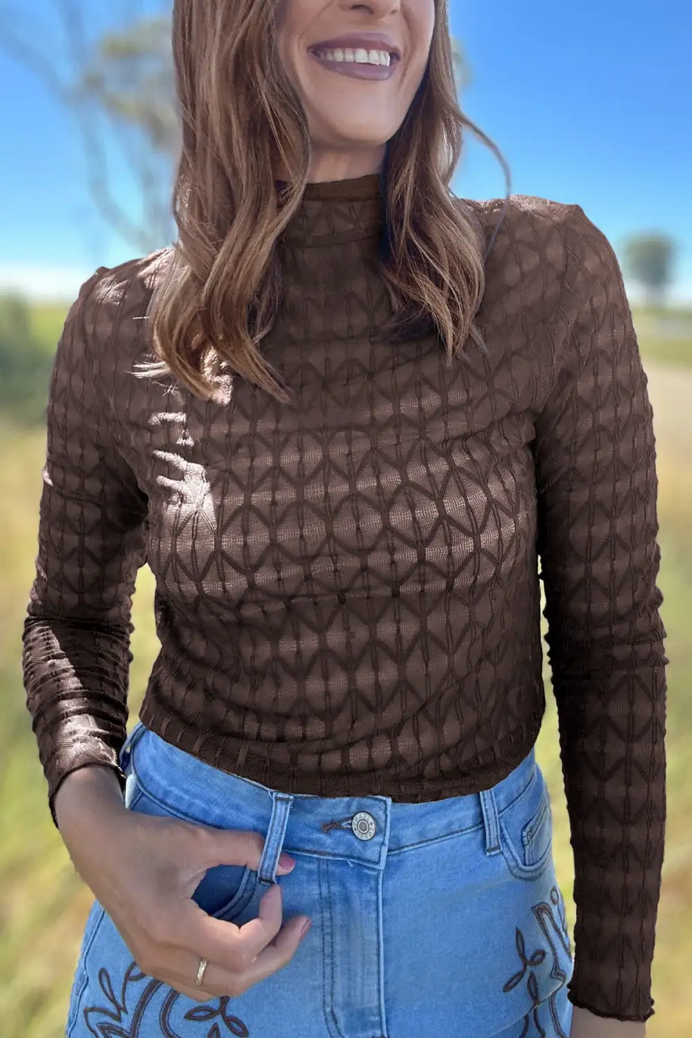 Western Print Stand Neck Mesh Fitted Long Sleeve Top