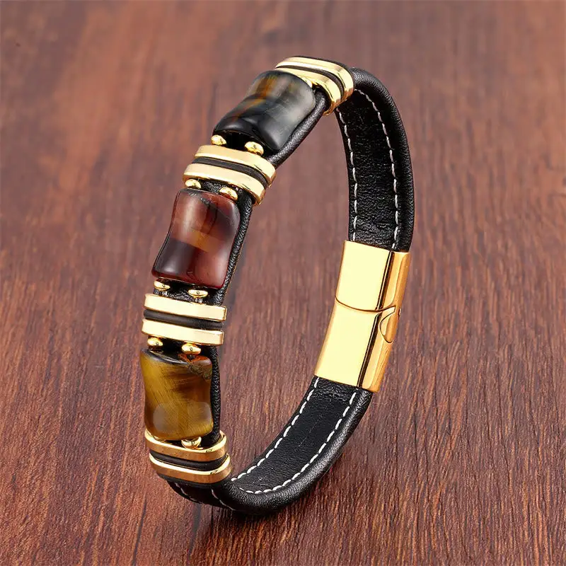 Tiger Eye Bamboo Stone Leather Bracelet