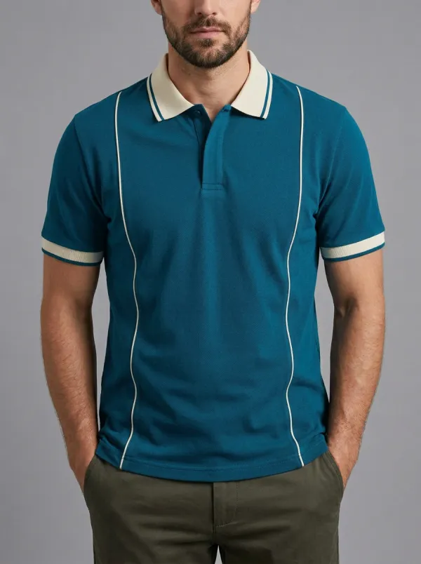 Men's Retro Contrast Piping Striped Polo Shirt