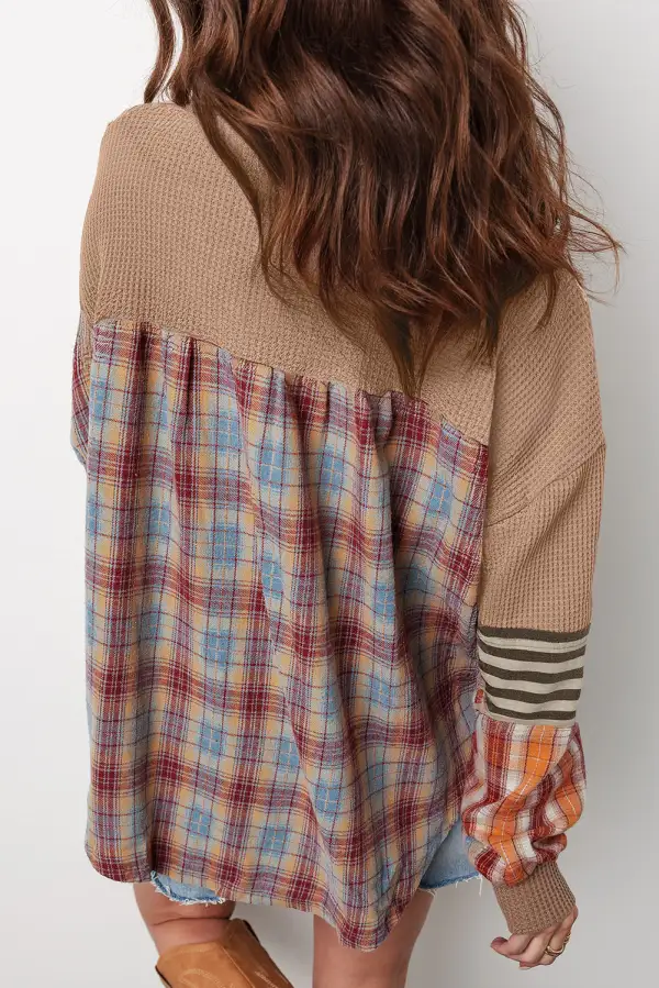 Plaid Striped Waffle Knit Women's Top