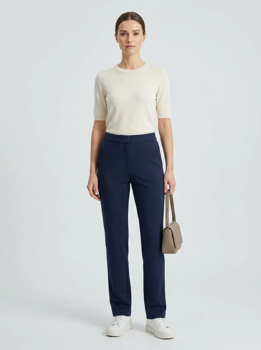 Women's Classic Flexible Embroidered Detail Mid Rise Straight Leg Pants