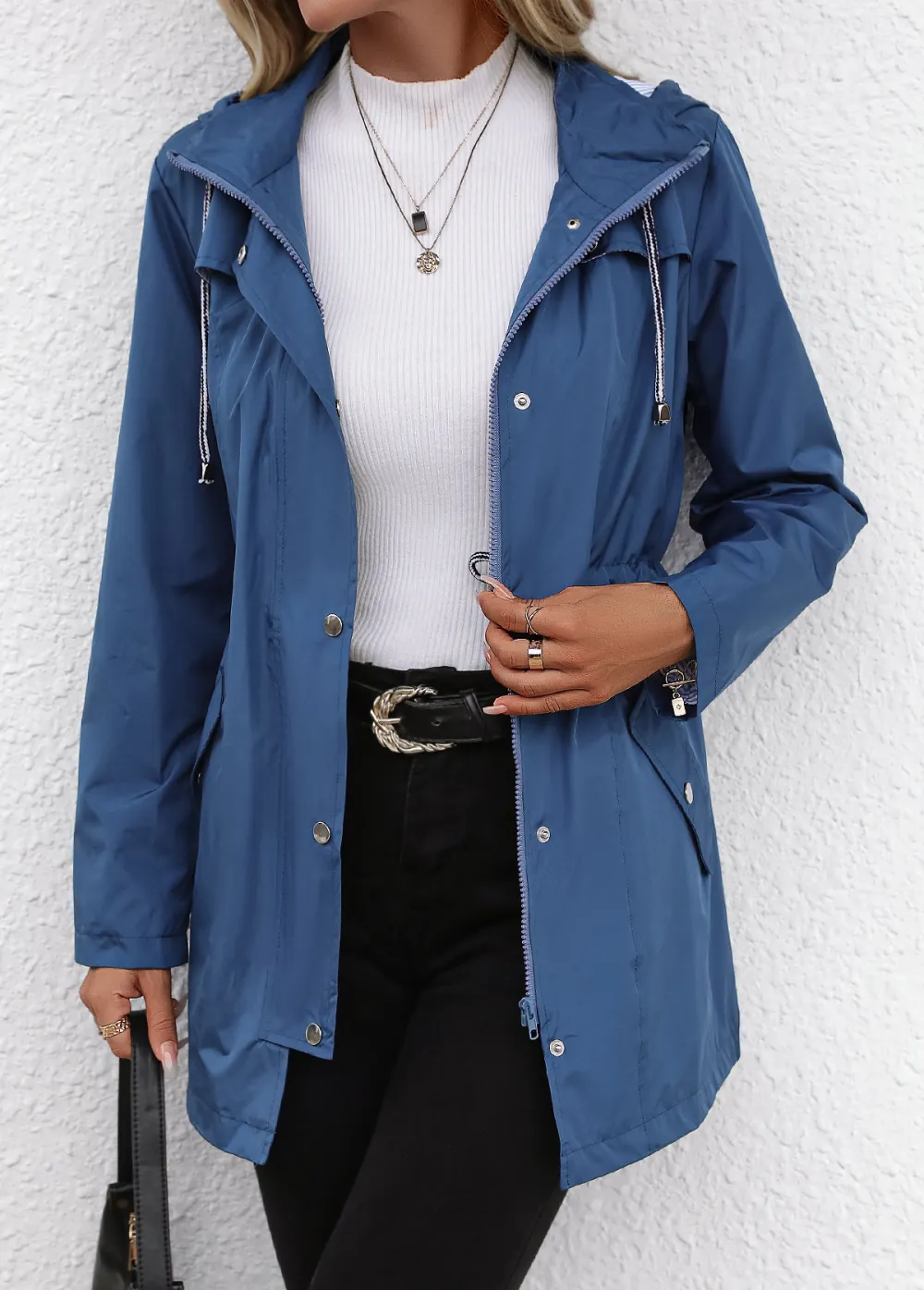 Dusty Blue Pocket Long Sleeve Turtleneck Coat