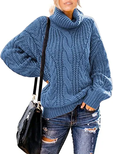 Womens Turtle Cowl Neck Solid Color Soft Comfy Cable Knit Pullover Sweaters S-2XL