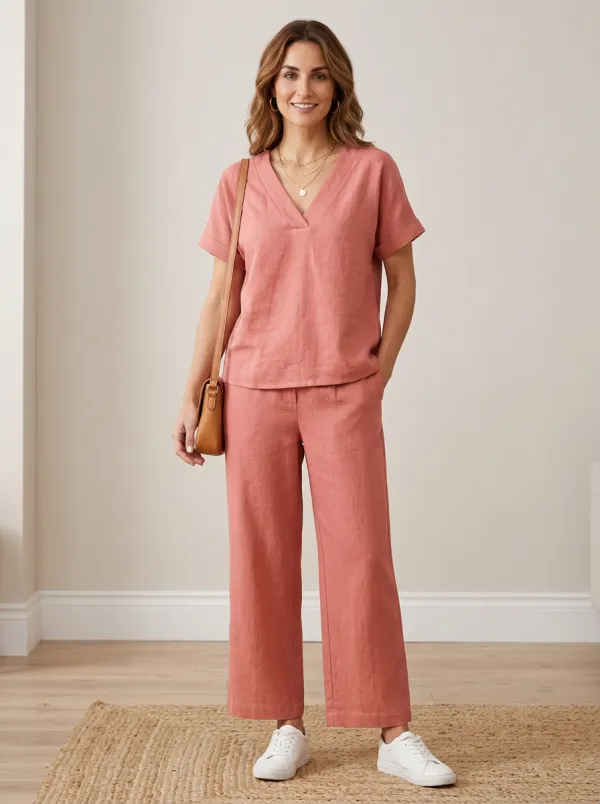 Everyday Short-Sleeve Linen-Blend Women's V-Neck Shirt