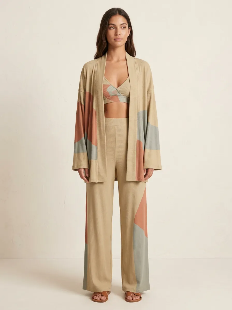 Geometric Ribbed Textured Cardigan Lounge Set