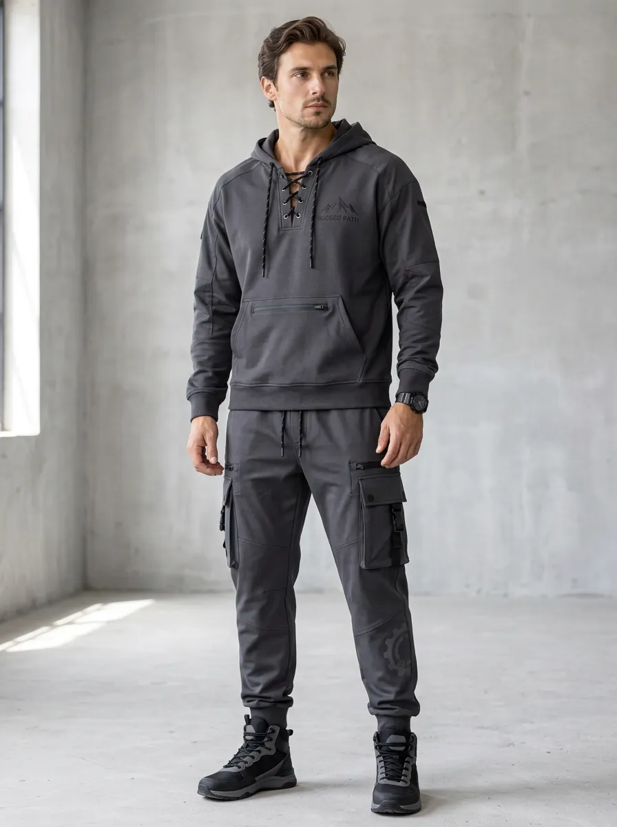 Signature Lace-Up Mountain Graphic Relaxed Look Men's Lace Up Hoodie And Cargo Jogger Set