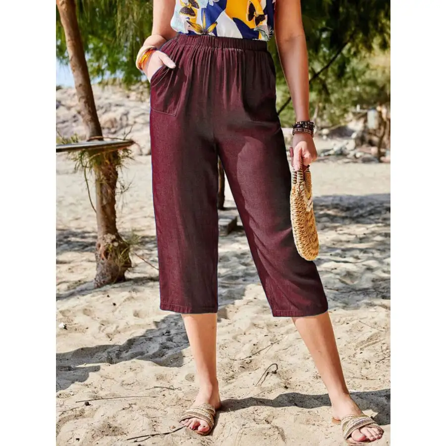 Pocketed Elastic Waist Capris Apparel