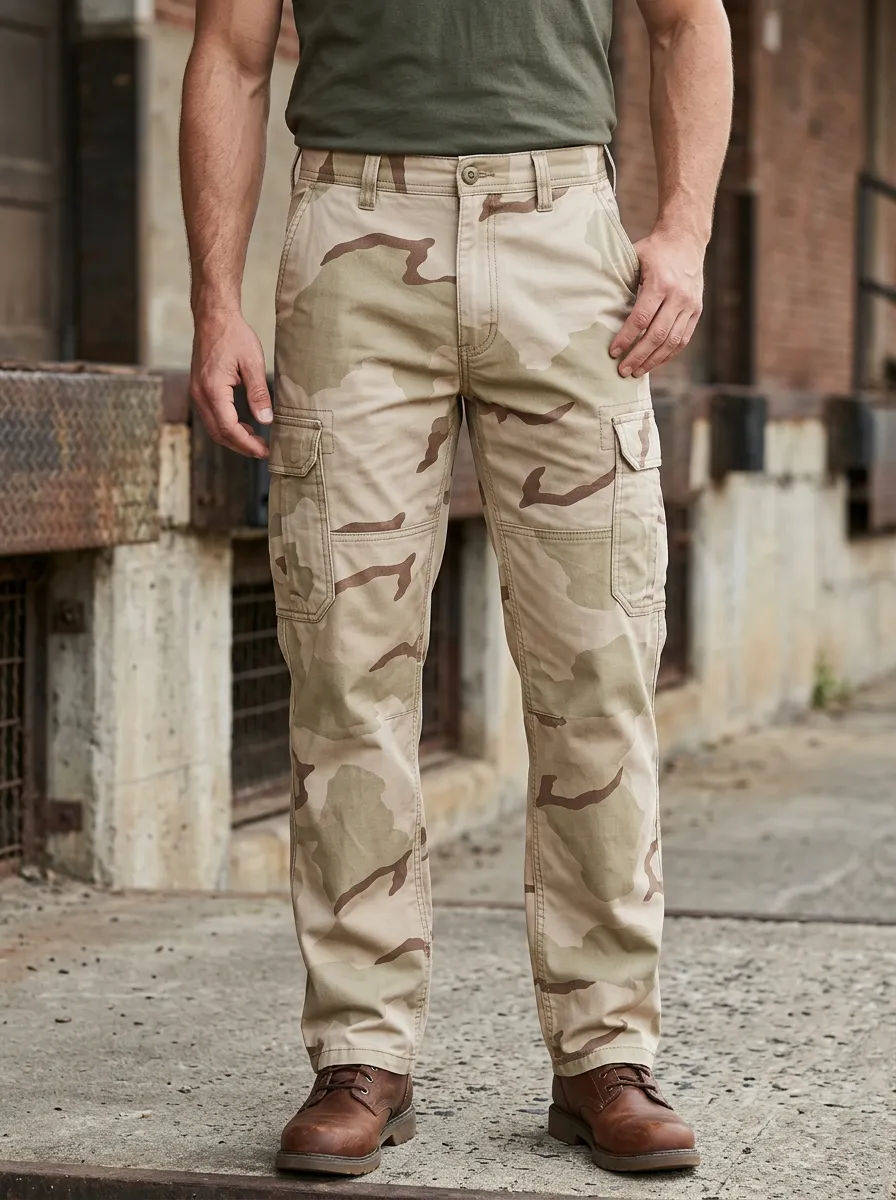 Men's Utility Desert Camo Flap Pocket Straight Leg Cargo Pants