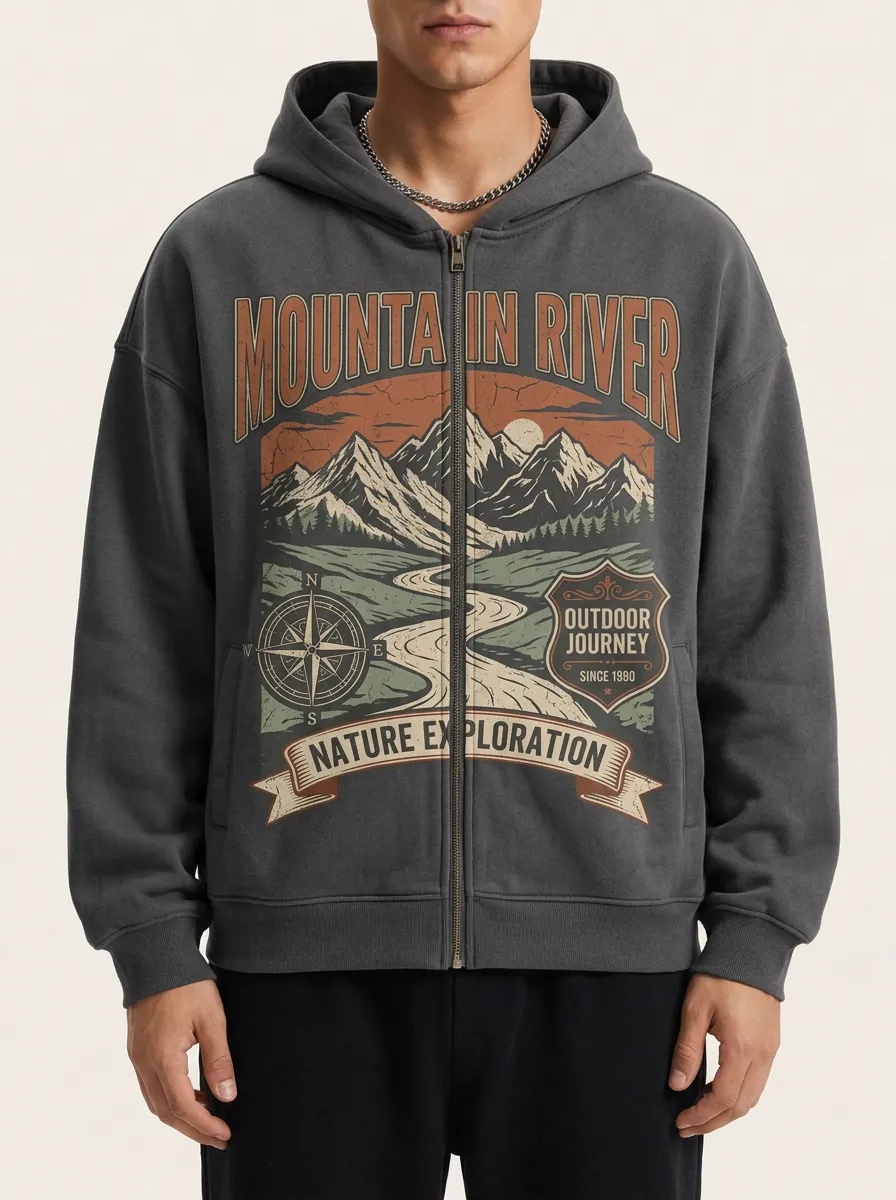 Men's Outdoor Adventure Mountain River Compass Printed Zip-up Hoodie