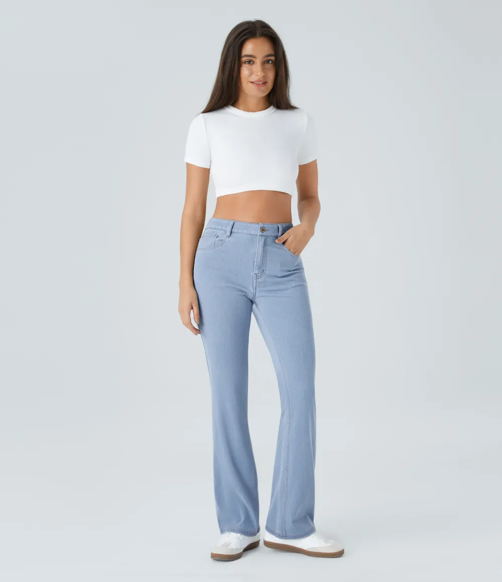 Magic Mid Rise Button Pockets Stretchy Knit Casual Bootcut Jeans