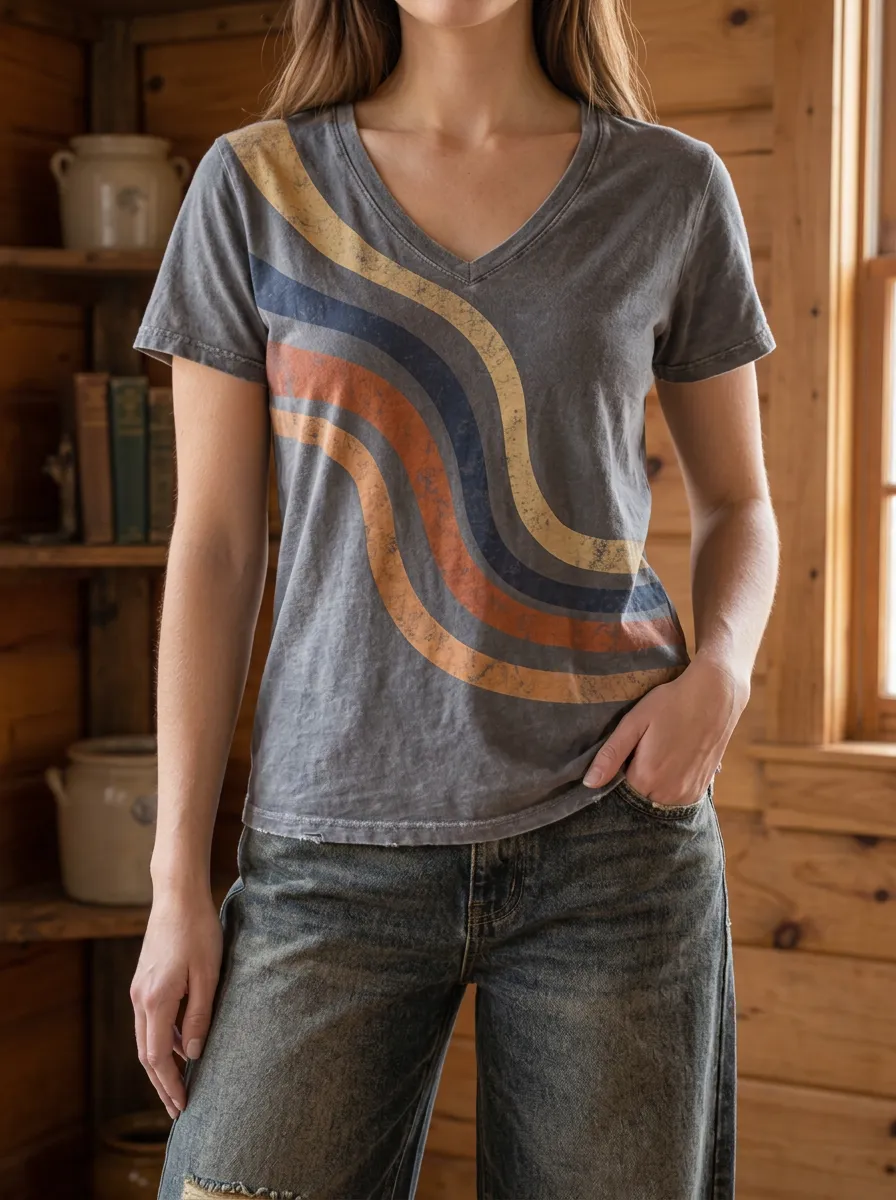 Women's Retro Aesthetic Wavy Stripe Printed V-Neck T-Shirt