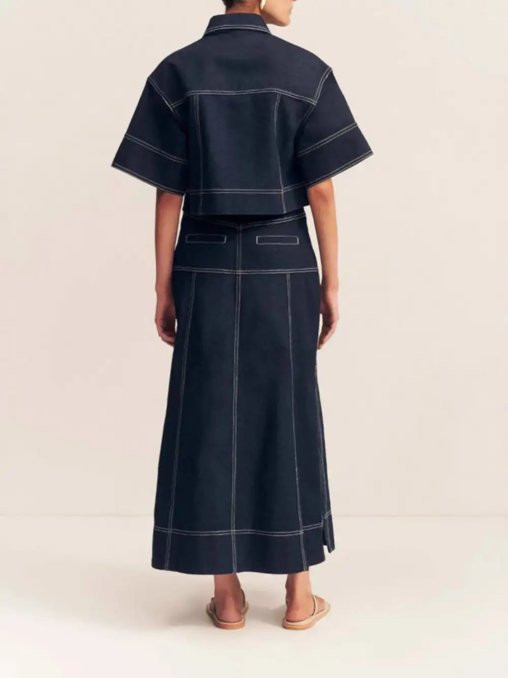 High-Waist Side Slit Contrast Stitch Maxi Skirt