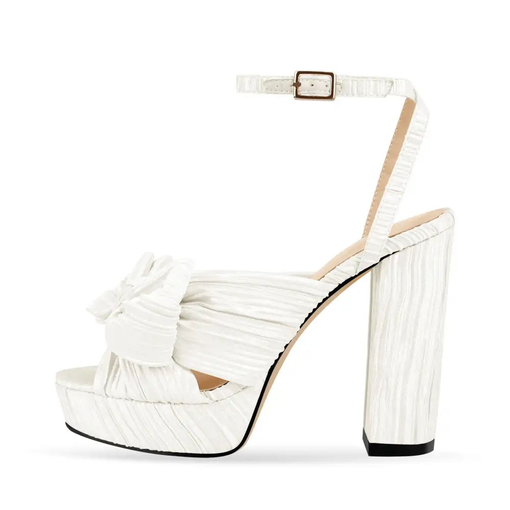Platform Ankle Strap Pleated Bow Sandals
