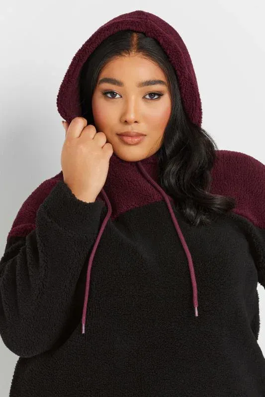 Black & Burgundy Red Colourblock Teddy Fleece Hoodie