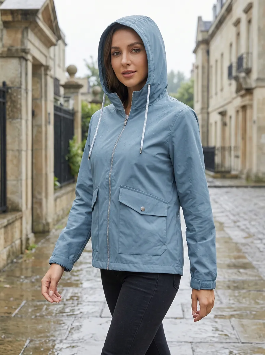 Women's Blue Solid Color Hooded Waterproof Jacket with a Hood