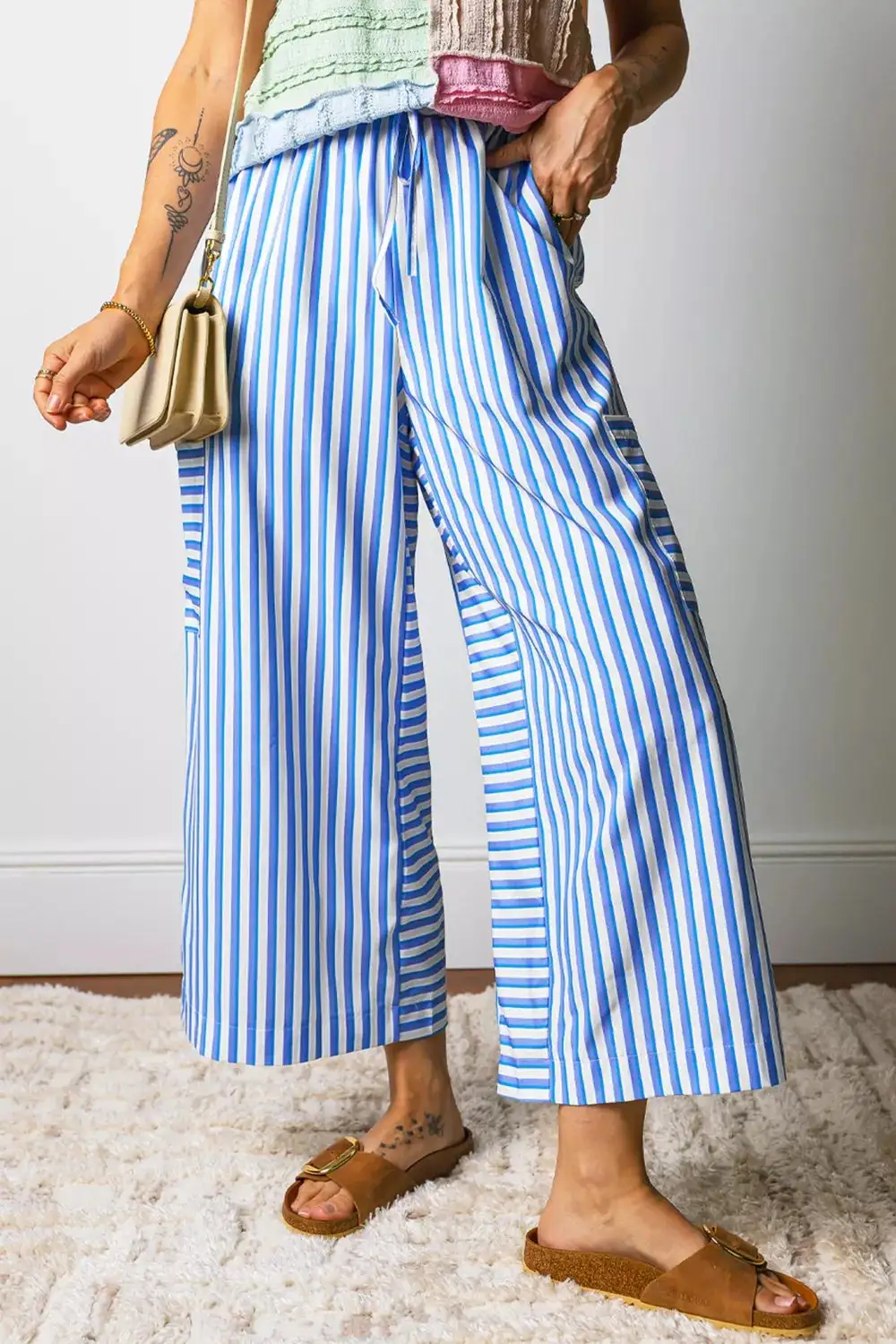 Stripe Drawstring Elastic Waist Patch Pocket Wide Leg Ankle