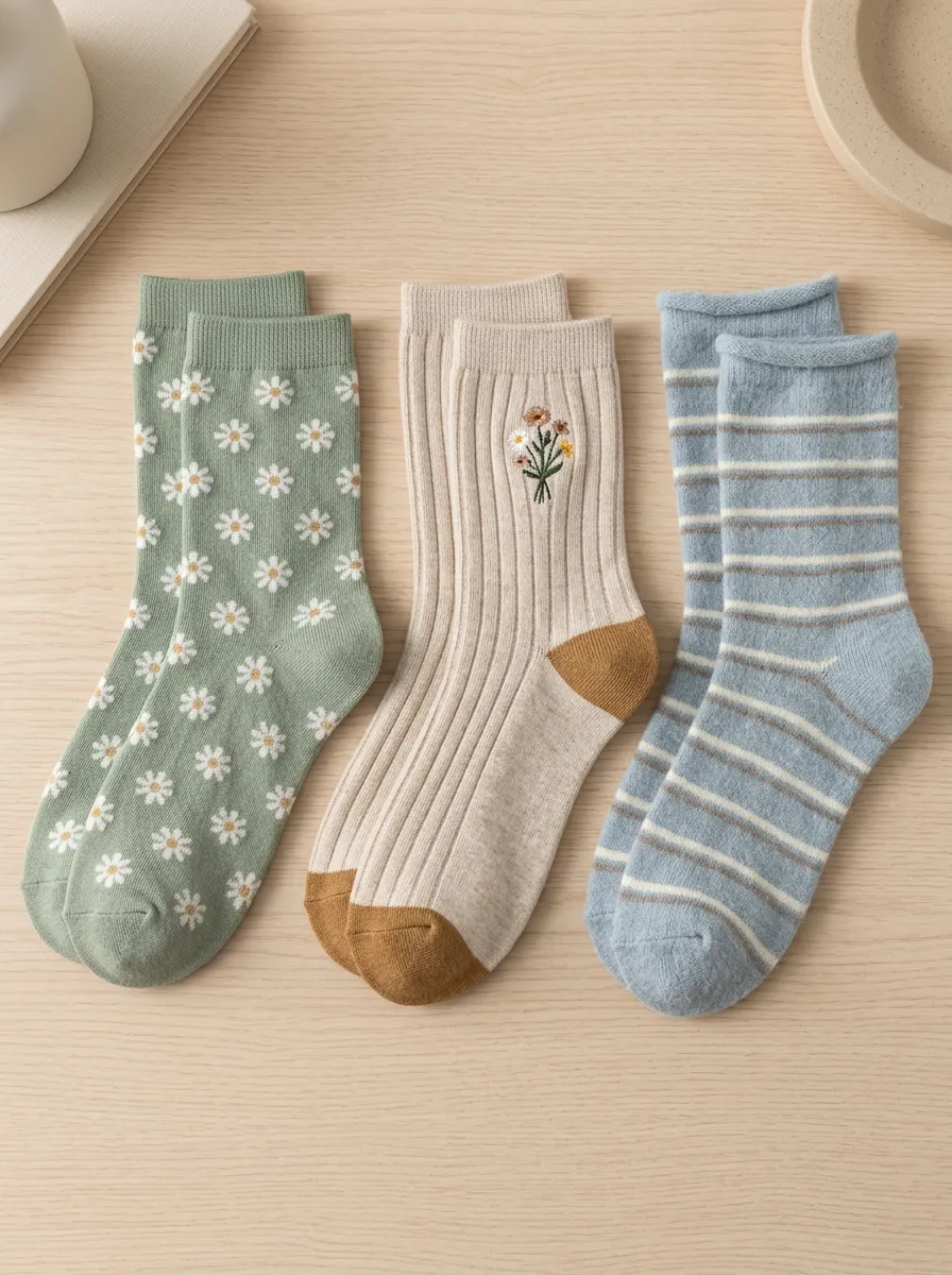 Women's Floral Daisy Embroidered Striped Printed Socks Set