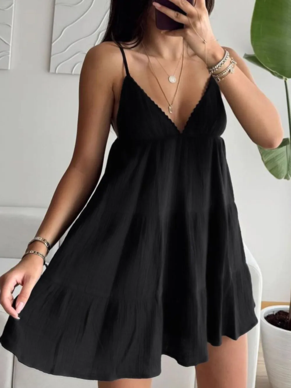 V Neck Tiered Mini Dress