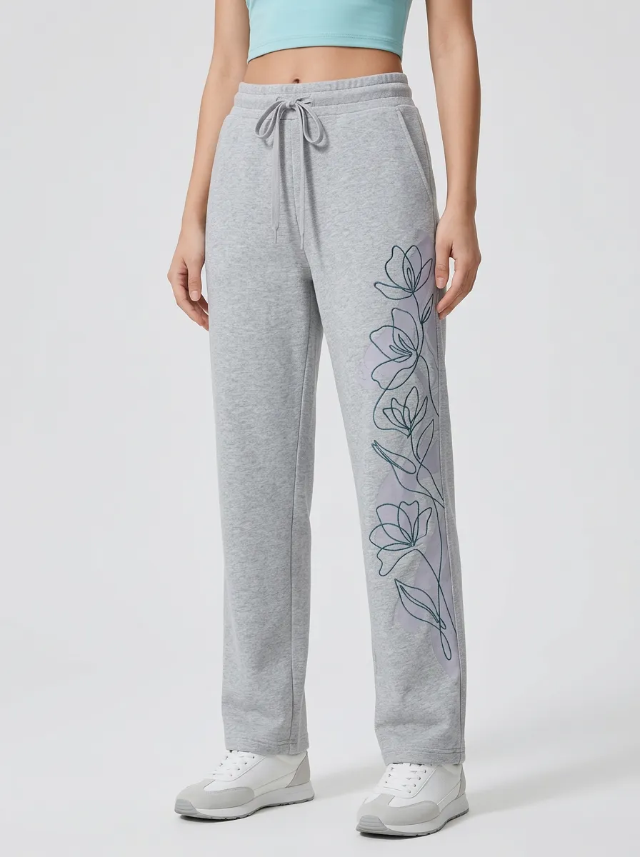 Women's Grey Floral Print Straight-Leg Sweatpants