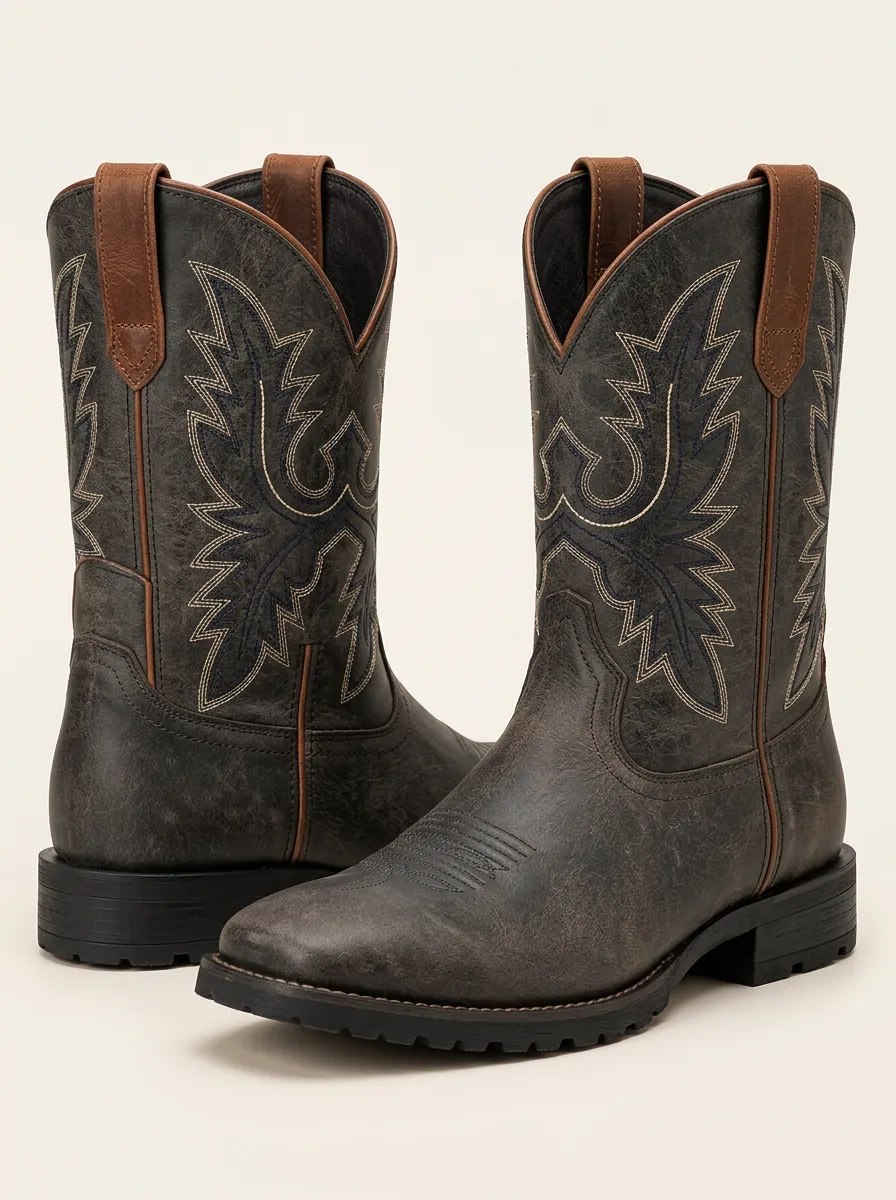 Men's Eagle Motif Distressed Finish Cowboy Boots
