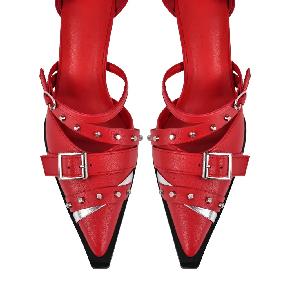 Modern Rivet Pointed Toe Stiletto Ankle Strap Pumps