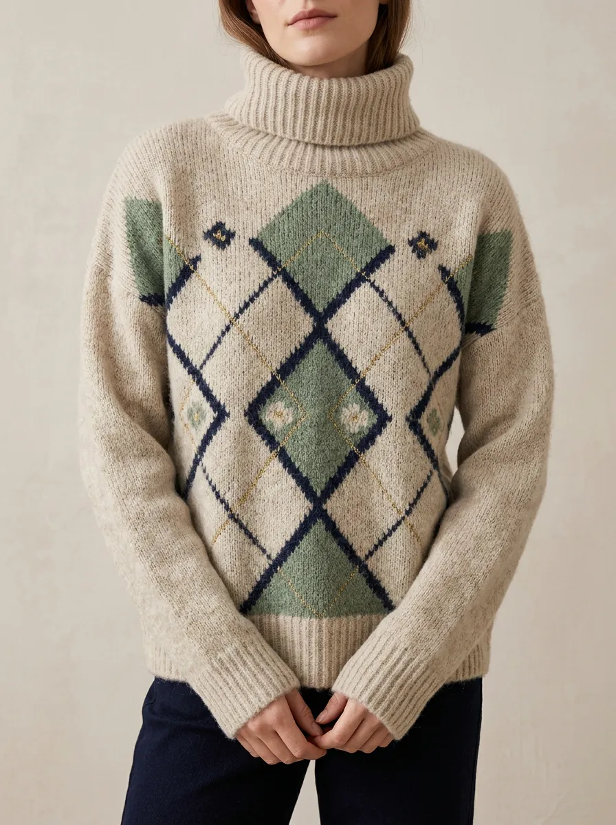 Women's Vintage Style Green Argyle Pattern Knitted Turtleneck Sweater