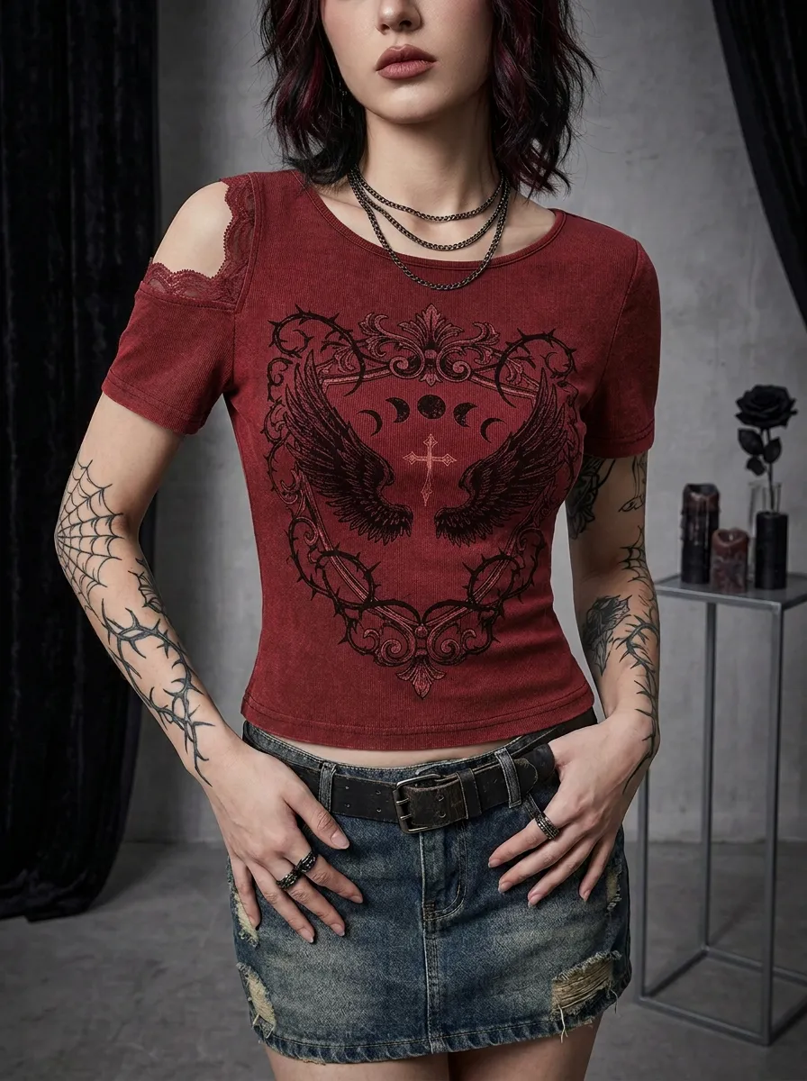 Moonlit Moon Wing Cross Finish Women's Gothic T-Shirt