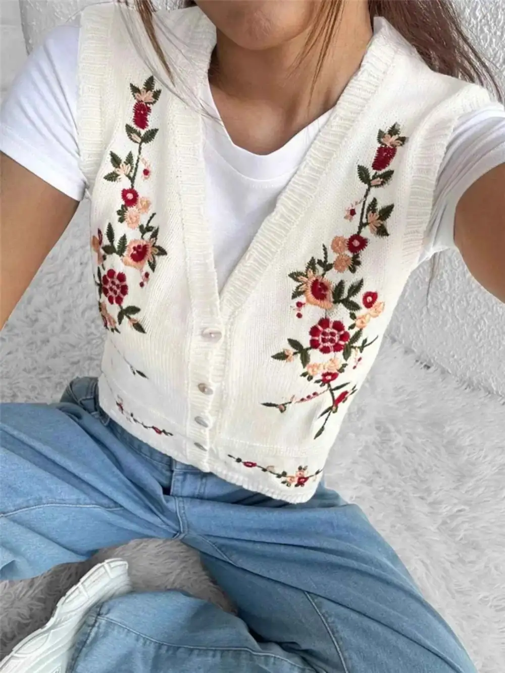 Embroidered Button-Up Sweater Vest