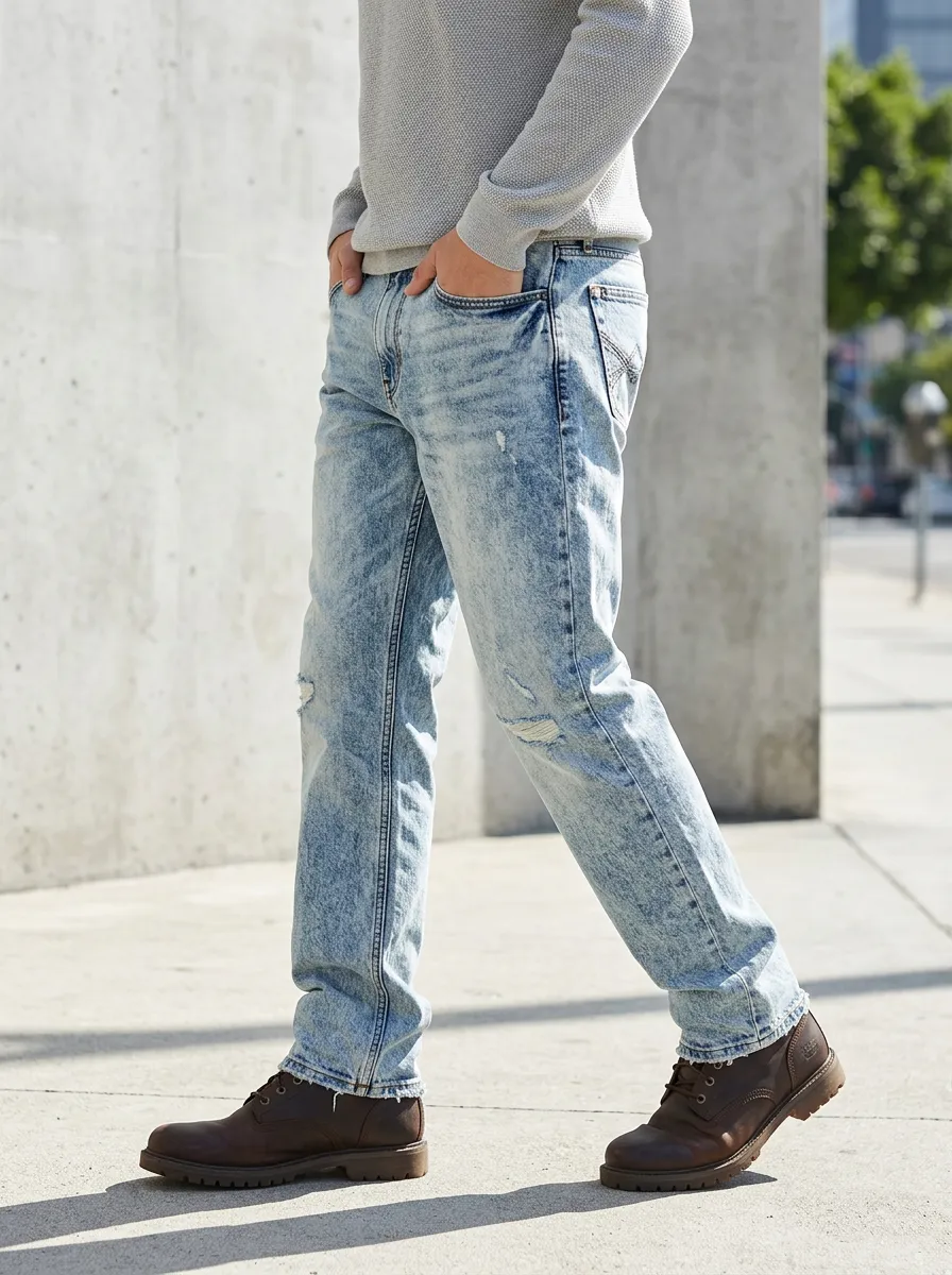 Men's Acid Wash Distressed Denim Printed Jeans