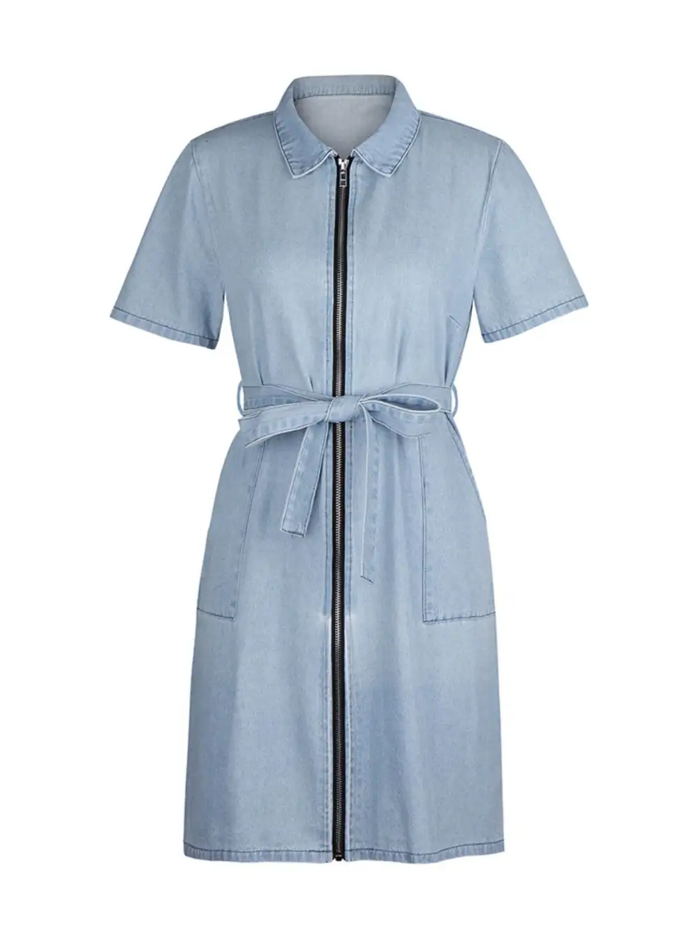 Denim Zip Front Short Sleeve Dress Casual