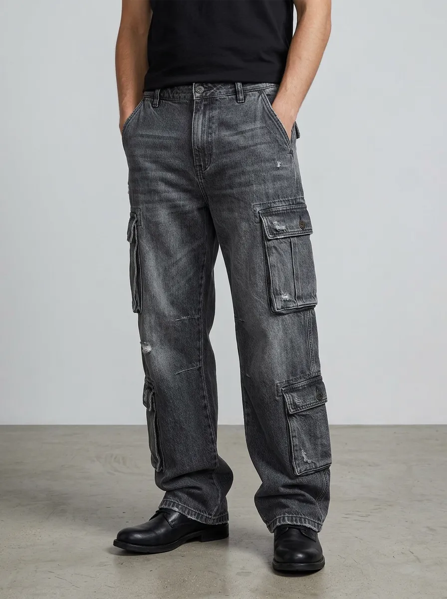 Men's Streetwear Distressed Washed Black Cargo Jeans