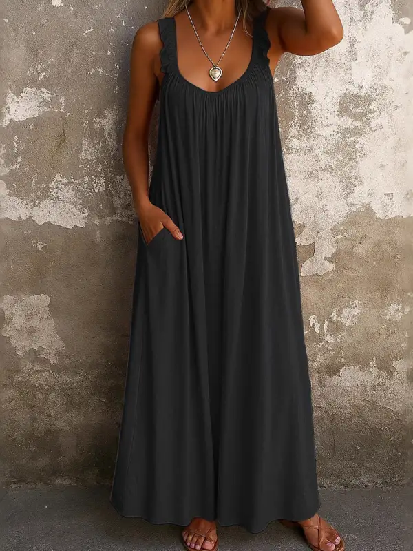 Loose Pleated Ruffled Neck Maxi Dress