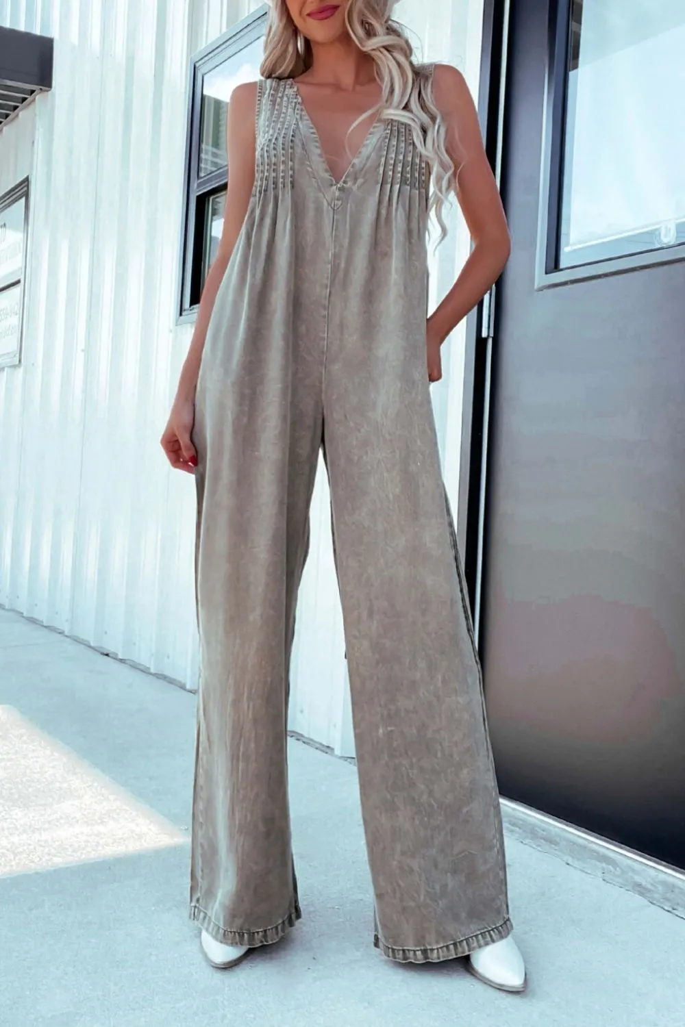 V Neck Wide Leg Everyday Jumpsuit Denim Pants