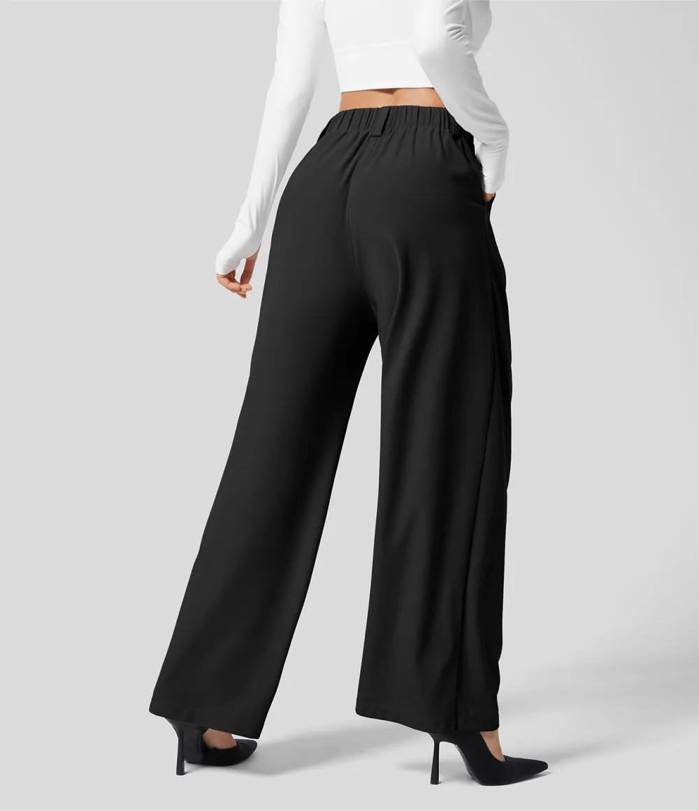2026🔥  High Waisted Plicated Side Pocket Wide Leg Waffle Work Pants