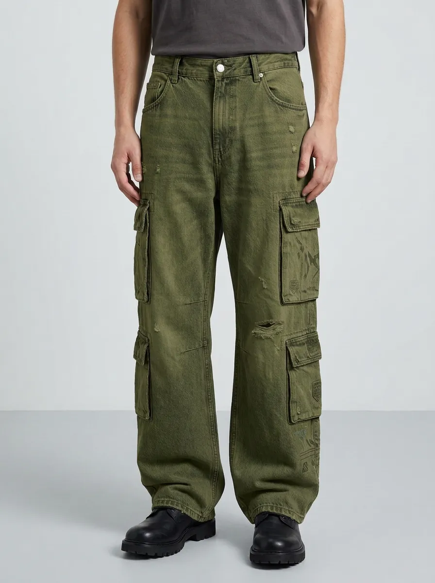 Men's Streetwear Distressed Denim Graphic Cargo Jeans