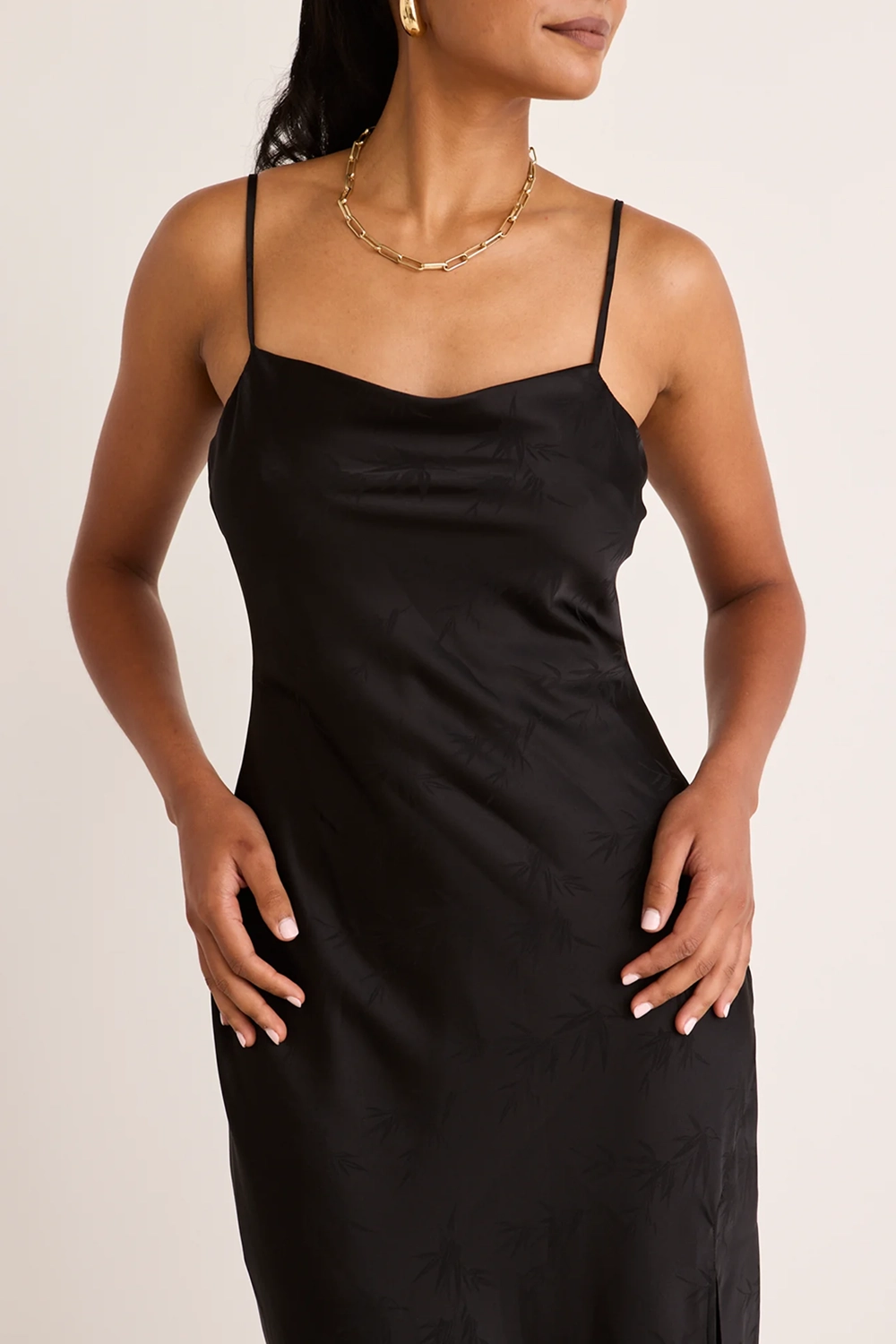 Black Jacquard Satin Strappy Maxi Dress