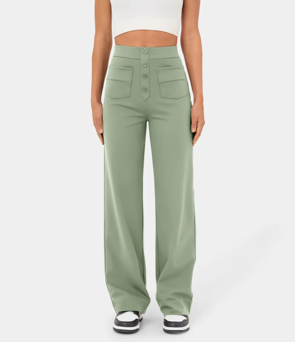 High Waisted Button Multiple Pockets Straight Leg Casual Pants