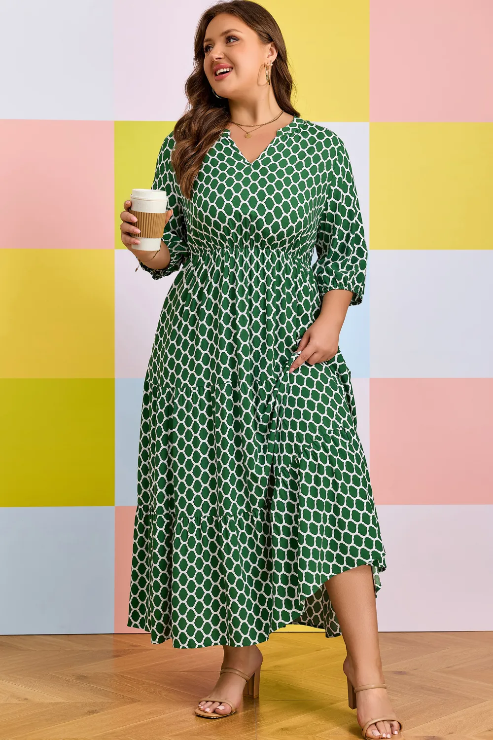 Green Geometric Ruffle Hem Dress