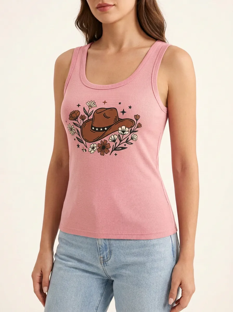 Celestial Cowboy-Hat Floral Built-In Bra Tank Top